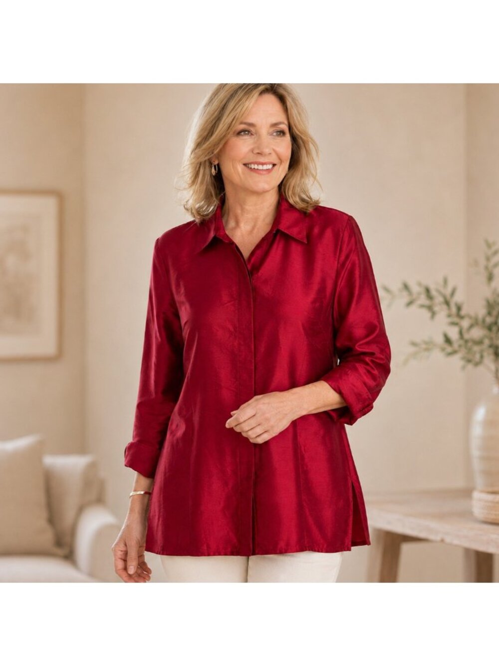 Chicos Womens Size 2 |L Red Silk Button Front Shirt Tunic Long Sleeve Collared